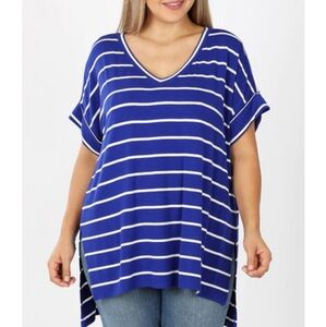 Zenana Premium Women's Striped Rolled Short Sleeve Top High-Low Hem Size XL